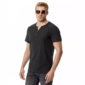 Premium men's black cotton-linen V-neck short-sleeve Henley T-shirt for summer beach wear.