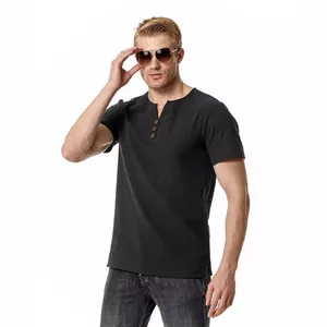 Men's casual black cotton linen Henley shirt with V-neck and short sleeves for summer