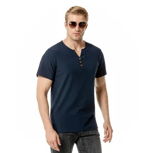 Stylish men's casual linen cotton short sleeve T-shirt with V-neck and button detailing