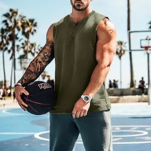 Camiseta de baloncesto sin mangas para hombre en verde oliva con cuello Henley sport