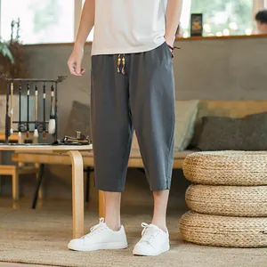 Men's Chinese style dark gray linen harem pants for summer casual wear daily outfit.