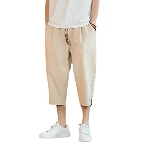 Men's casual linen harem pants in beige with a relaxed 3/4 length summer fit