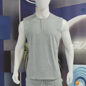 Close-up of grey men's slim fit Henley sleeveless sports t-shirt with buttons