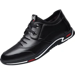 Zapatos casuales de cuero negro para hombre con alza interna, cordones y suela antideslizante