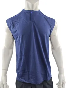 Detailed view of navy blue sleeveless henley tank top for men featuring button collar