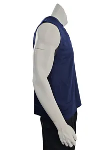 Side view detail of a dark blue sleeveless athletic tank top for men on white mannequin