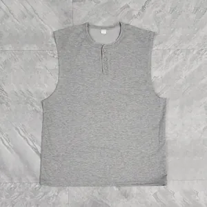 Overhead flat lay of a grey men's sleeveless Henley vest with button placket detail