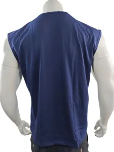 Back view of navy blue sleeveless men's sports vest in breathable fabric.