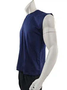 Side profile view of a navy blue sleeveless men's sports basketball tank top on a mannequin