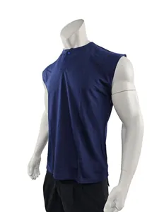 Side profile of a navy blue sleeveless henley tank top displayed on a male mannequin