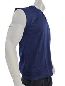 Side view detail of a navy blue men's athletic sleeveless tank top for basketball training.