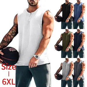 Heren Basketbal Tanktop Effen Kleur Henley Mouwloos T-Shirt Ruime Pasvorm Sport Gym Zomer Casual Vest Sportkleding