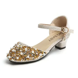 Sparkling girls' princess high heels with pearls and sequins for school performance