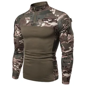 T-shirt tactique à manches longues camouflage pour homme avec fermeture éclair 1/4 vert