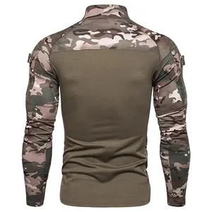 Vue arrière détaillée d'un t-shirt tactique camouflage à manches longues avec poches bras.