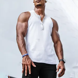 Men Slim Fit Athletic Tank Top Henley Neck Ribbed Sleeveless Shirt Summer Solid Color Muscle Vest For Fitness Gym Training