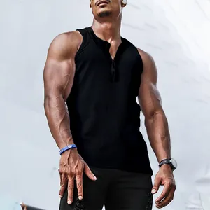 Close-up of black ribbed men's athletic tank top showing fabric texture and slim fit