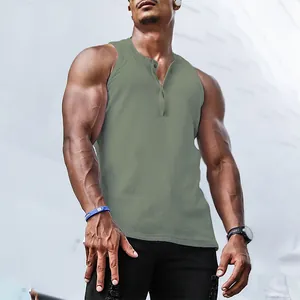 Professional muscle fit ribbed henley tank top in olive green for men's gym fitness