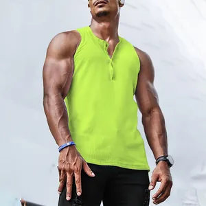 Detailed view of neon green ribbed henley tank top showing texture and buttons on model