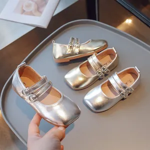 Mädchen Metallic Mary Jane Schuhe Prinzessin Eckige Zehenpartie Doppelter Schnallenriemen Formelle Party Performance Schuhe Gold Silber Kunstleder