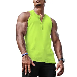 Vibrant neon green men's ribbed sleeveless henley tank top for casual summer sports wear