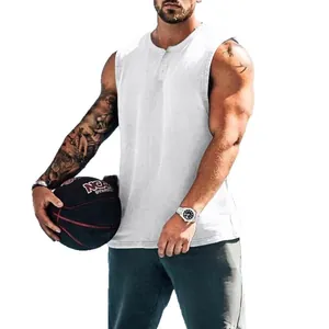 Premium ανδρική λευκή αμάνικη φανέλα μπάσκετ Henley για καλοκαιρινά αθλητικά ρούχα γυμναστικής