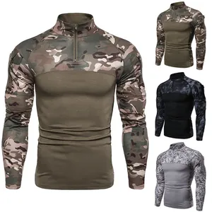 T-Shirt Homme Tactique Extérieur Camouflage Manches Courtes Col Montant Quart de Fermeture Éclair Haute Élasticité Entraînement Fitness Top