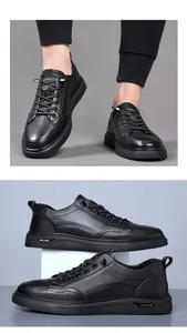 Premium zwarte echt lederen herensneakers met een stijlvolle casual platte zool