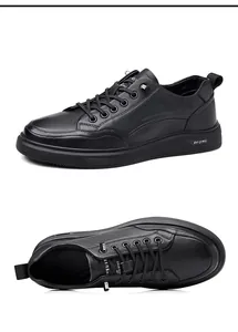 Gedetailleerd overzicht van zwarte echt lederen casual sneakers voor heren met textuur