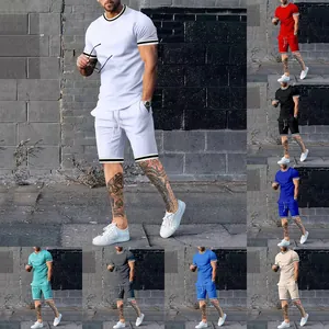 Ανδρικό Αθλητικό Casual Σετ Ριγέ Patchwork T-Shirt Και Σορτς Καλοκαιρινό Κοντομάνικο Μείγμα Πολυεστέρα Βαμβακιού