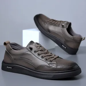 Heren Casual Top Grain Rundleer Platte Schoenen Ademend Schokabsorptie Koreaanse Trendy Mode Sneakers Lage Wandelschoenen