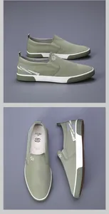 Vue détaillée sous plusieurs angles de mocassins homme vert olive à semelles plates.