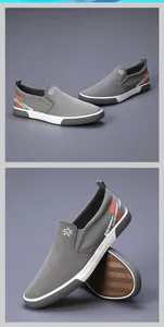 Détail de chaussures en toile grises pour hommes avec semelle en caoutchouc