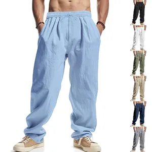 Men's loose linen trousers in multiple colors, featuring a straight casual fit