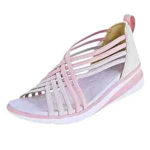 Sandalias con plataforma rosa y blanca con tiras cruzadas y caladas para mujer