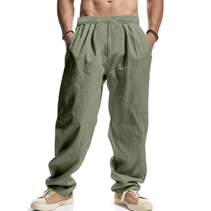 Loose men's sage green linen wide-leg casual beach pants with drawstring waist