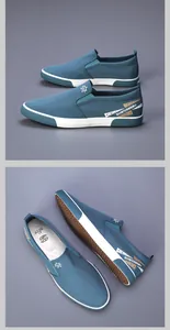 Vue détaillée de mocassins bleus pour hommes montrant la semelle et l'intérieur.