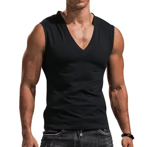 Close-up of men's slim fit black V-neck sleeveless tank top showing athletic muscle fit