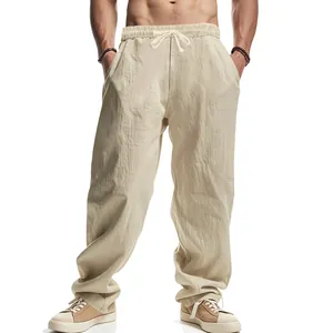 Men's summer loose linen casual trousers in light beige featuring drawstring waist