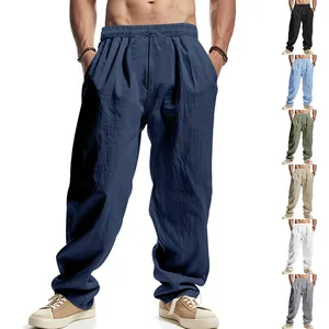 Men's summer loose linen casual straight-leg trousers in multiple solid color options