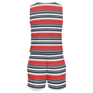Back view of women sleeveless striped romper with red navy and white horizontal patterns