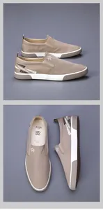 Vue détaillée des mocassins kaki pour hommes avec semelle en caoutchouc blanc et tissu décontracté