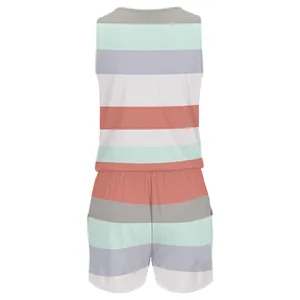 Back view of a sleeveless striped romper showing the elastic waist and colorful patterns