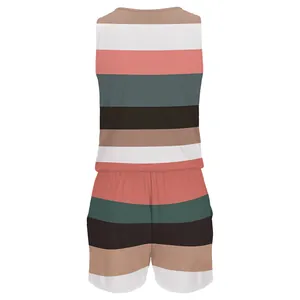 Detailed back view of a sleeveless striped romper with drawstring waist and muted tones.