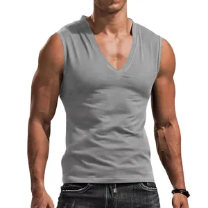 Detail view of a men's grey slim fit V-neck tank top made of breathable fabric