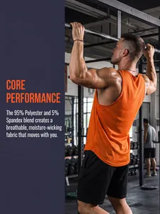 Dettaglio del tessuto mesh traspirante della canotta fitness arancione da uomo