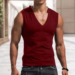 Close-up of men's burgundy V-neck sleeveless tank top showing slim fit and fabric texture.