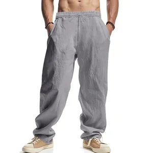 Detailed view of gray linen men's casual pants with elastic drawstring waist