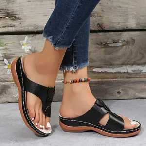 Detail showing comfortable black platform wedge flip-flop sandals with white stitching