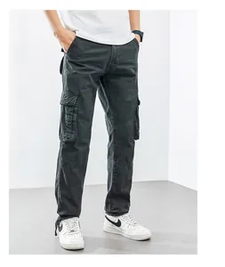 Detailed view of dark grey straight-leg cargo pants with large side pockets for men.